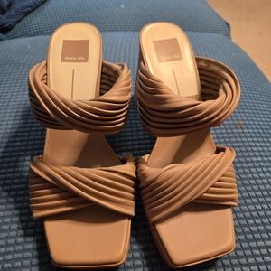 Dolce Vita Tan Twisted-Strap Square Toe Heeled Mules